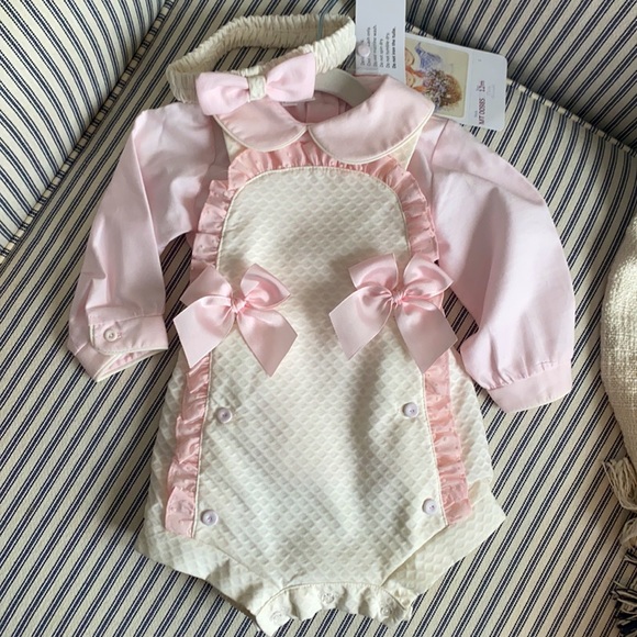 Pretty Originals Dungarees Overalls Set Pink Cream 12mo NWT - Picture 1 of 11